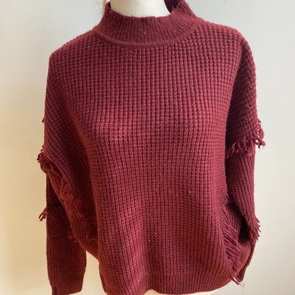 MICHAEL Michael Kors BNWT Fringe Burgundy Sweater Mock Neck Knit Sz Large New - Picture 2 of 8